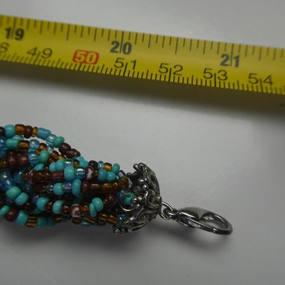 Woven Braded Multi Strand Seed Beaded Necklace Blue Teal Brown 21" Bib Statement - Picture 7 of 7